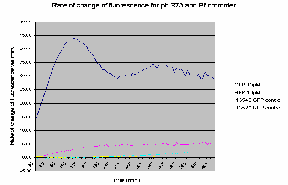 Rate of change of fluorescence for phiR73 and Pf promoter 10microM.png